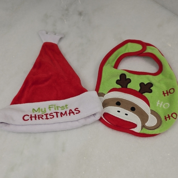 My First Christmas Festive Red and Green Christmas Bib and Hat Set - Picture 1 of 8